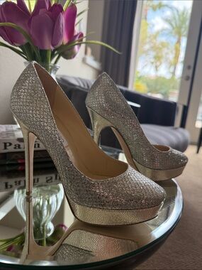 Jimmy Choo Silver Glitter Platform Stilettos